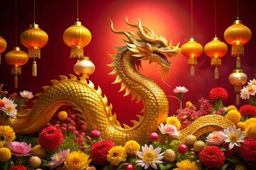 Obraz premium Vibrant golden dragon amidst blooming flowers and intricately designed lanterns, set against a rich red background, celebrating the auspicious Chinese New Year 2024, with ample copy space.
