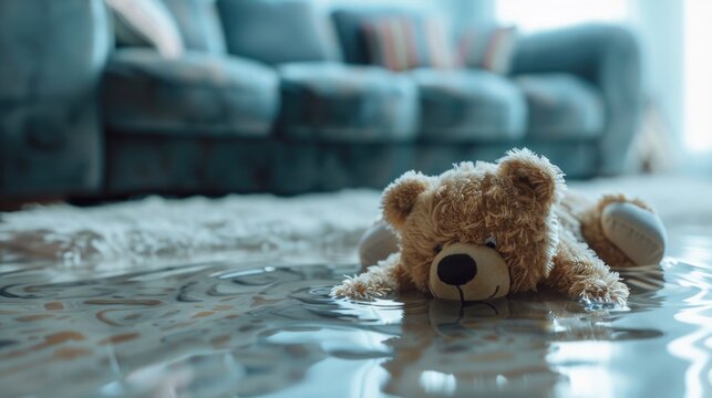 living room with a flooded floor, featuring a sofa, houseplants. unexpected home disaster. deluge and flood. toy, bear
