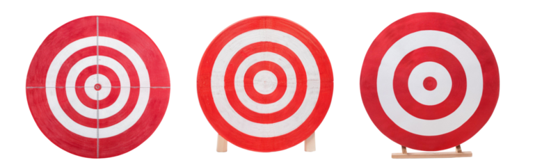 Three vibrant red and white target boards on display, perfect for representing goals, sports, or game strategies.
