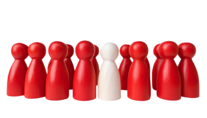 A group of red figurines surrounds a single white figurine, symbolizing uniqueness and individuality in a community.