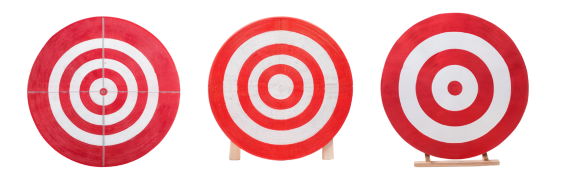 Three vibrant red and white target boards on display, perfect for representing goals, sports, or game strategies.