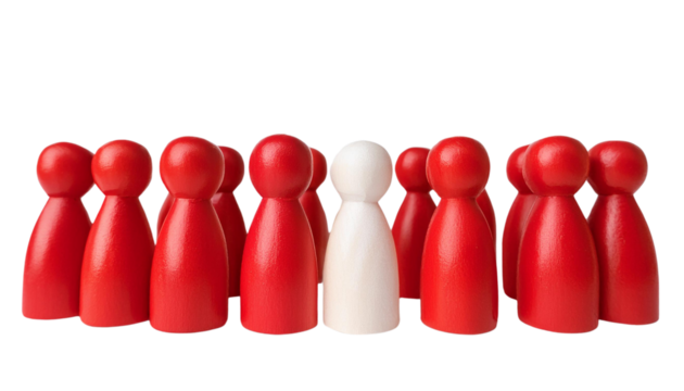 A group of red figurines surrounds a single white figurine, symbolizing uniqueness and individuality in a community.