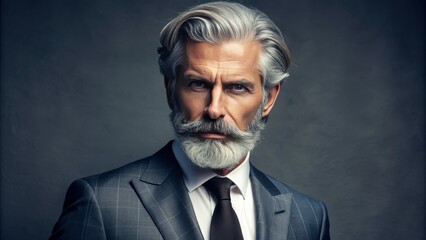 Fototapeta premium Elegant man with perfectly styled gray hair and groomed beard, dressed in a tailored suit, exuding sophistication and confidence.