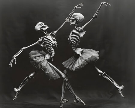 The artistic portrayal of skeletons ballet dancing in tutus elegantly conveys the beauty of dance in a whimsical manner, displaying an enchanting and captivating performance