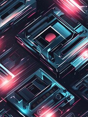 Fototapeta premium Abstract retro style cassettes with neon lights and a digital background.