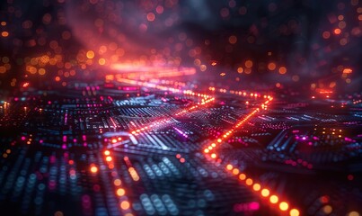 Obraz premium startup concept up arrow abstract circuit lines futuristic technology digital hi tech background.