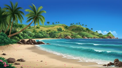 Obraz premium Beautiful beach scene depicted in a hand-drawn cartoon.