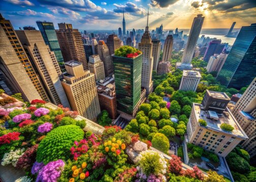 Breathtaking aerial view of urban oasis: lush flower arrangements adorn high-rise buildings, serene spectacle amidst city bustle, vibrant colors contrasting concrete jungle.