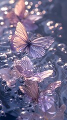 Digital silver butterflies and water metallic print fantasy scene abstract graphic poster  background