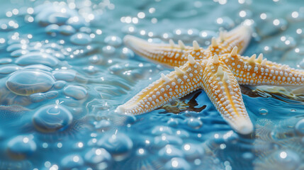 A white starfish lies on the water's surface with bubbles, surrounded by light reflections creating a bright effect