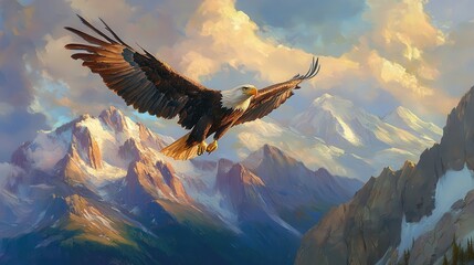 Obraz premium Majestic eagle soaring above a rugged mountain range, symbolizing freedom, strength, and the spirit of the wild