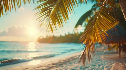 Naklejka premium A tranquil tropical beach bathed in the warm glow of the setting sun. Swaying palm leaves frame the serene scene, with soft waves gently lapping at the sandy shore