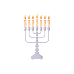 Obraz premium Burning candles on a retro candlestick, vector vintage candle holders and candelabrum, relaxation and cozy lighting