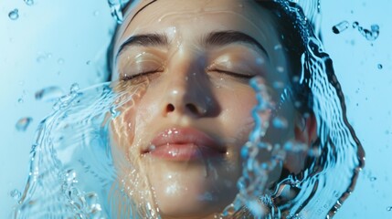 Close-up of a woman's face submerged in water, her eyes closed and water gently flowing around her. The image captures a serene, calming moment, highlighting the natural beauty and tranquility.