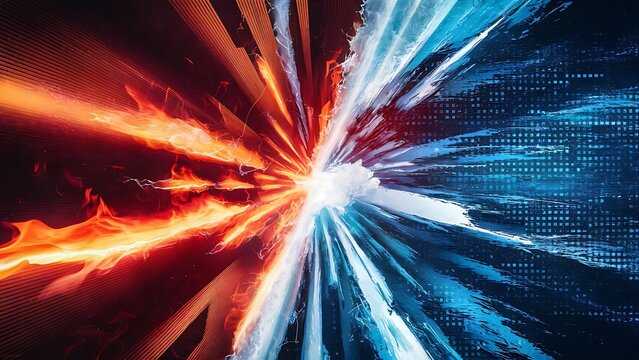 Abstract illustration representing fire and ice colliding into one another, digital art background