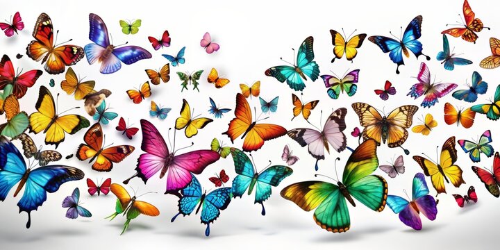 Vibrant, colorful butterflies of various species flutter and soar on a pristine white background, providing ample space for your text or design elements to shine.