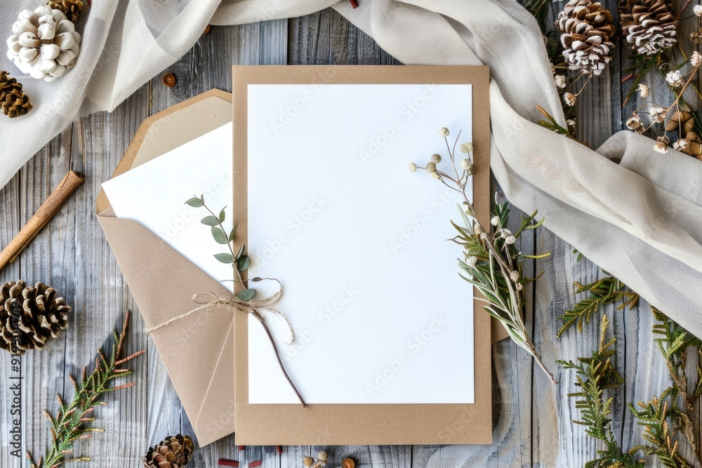 Poster A simple table setting with a string tied around the edge of a wooden table, featuring a white card in the center