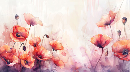 Watercolor whimsical poppies with gradient washes, smooth transitions, dreamy and light, light background