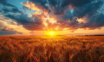 Obraz premium epic sunset in wheat field with crops glowing in the sunlight.