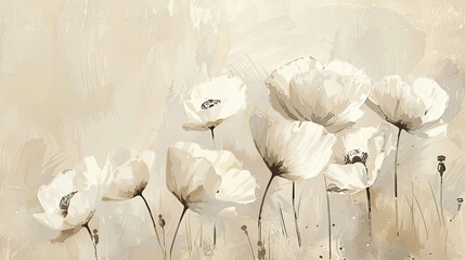 Watercolor White poppies in dry brush style, bold and vivid strokes, light beige background