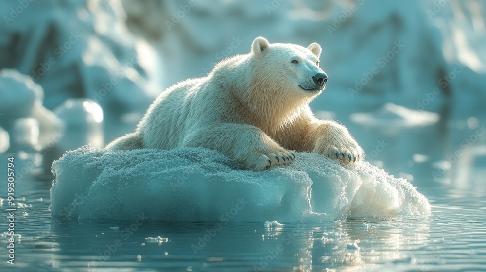Poster a polar bear is laying on top of a block of ice in the ocean