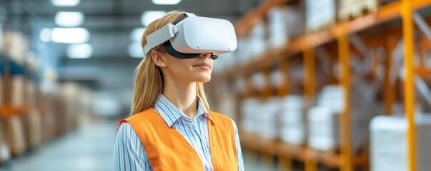 Engineer using VR to visualize and optimize warehouse layout, logistics optimization, augmented reality in supply chain