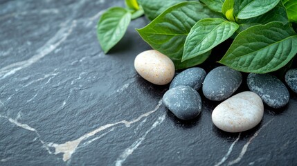 Smooth Stones and Lush Green Leaves on a Black Marble Surface