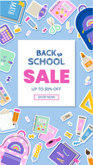 Back to school social media banner template with title and colorful elements school supplies. Vector illustration in a flat style.