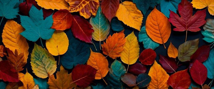 Vibrant fall season background with colorful orange, yellow, deep red, and teal, layered fallen leaves on dark background. Bright flat lay autumn header wallpaper design.