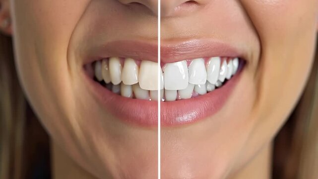 Close-up comparison before and after teeth whitening. Shooting with a detailed focus on the transformation of teeth. The concept of dental care and cosmetic dentistry