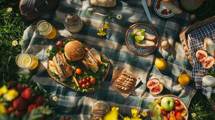 a rustic picnic spread on a checkered blanket, featuring a variety of sandwiches, fresh fruit, and a bottle of lemonade, with a scenic park background