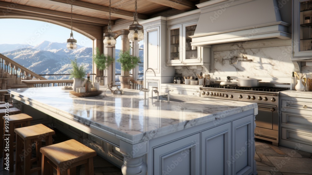 Poster luxurious kitchen with mountain view