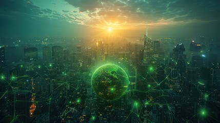Fototapeta premium City skyline with green technology icons and earth