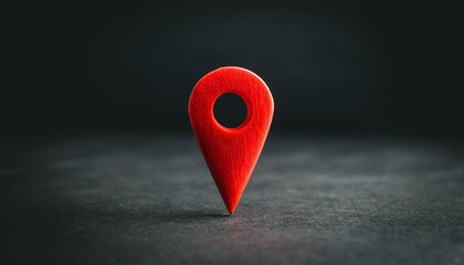 Red location marker on dark black background. Navigational search. Close-up.