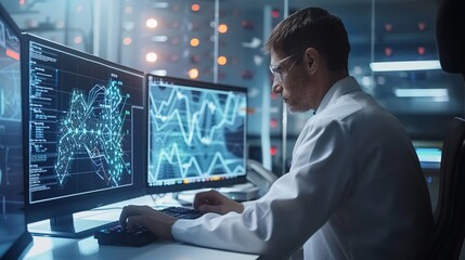 Data science and big data technology. Scientist computing, analysing and visualizing complex data set on computer. Data mining, artificial intelligence, machine learning, business analytics
