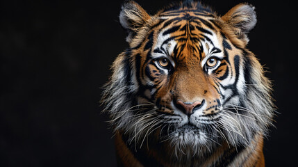 Fototapeta premium close-up of a tiger's face. It has orange fur with black stripes and bright blue eyes.