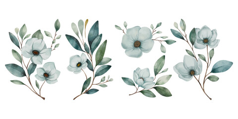 Vector set of blue flowers and leaves. Floral bouquet collection in a watercolour style. 