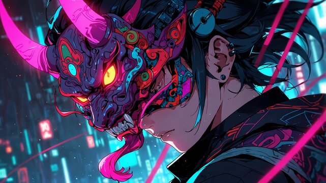 Cyberpunk Anime Character with Oni Mask: A Fusion of Japanese Folklore and Futuristic Design
