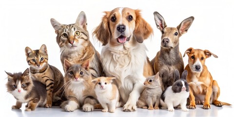 Adorable assortment of domestic animals, including dogs, cats, rabbits, and birds, gathered together on a plain white background, showcasing friendship and unity.