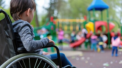 Close up of a child in a wheelchair looking at a playground. Child inclusion and disability and society .