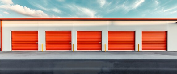 Full view of storage unit with orange doors, white wall and sky background. outdoor commercial self
