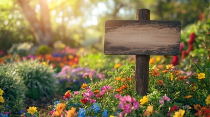 Wooden Sign in a Field of Colorful Flowers