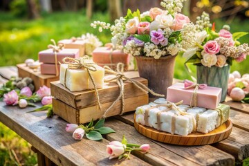 Pastel-hued artisan soaps, unique wedding favors, and original souvenirs in white and pink adorn a rustic wooden table, evoking spring and summer party decor inspiration.
