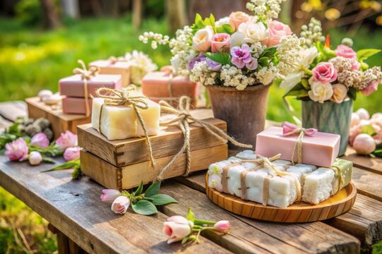Pastel-hued artisan soaps, unique wedding favors, and original souvenirs in white and pink adorn a rustic wooden table, evoking spring and summer party decor inspiration.