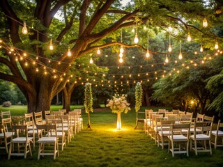 Obraz premium Warm white glow of decorative outdoor string lights adorned with tiny bulbs hangs from lush green tree branches in a serene garden wedding ceremony setting.