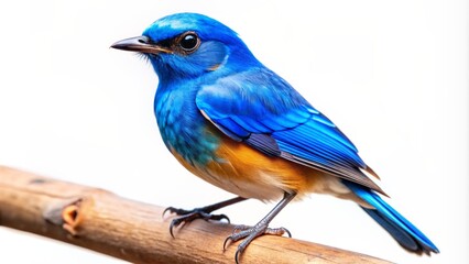 Beautiful blue bird with vibrant plumage and distinctive crest perched on a branch against a clean white background, showcasing its striking features.