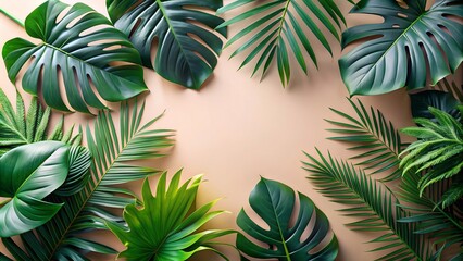 Vibrant Tropical Design with Monstera and Palm Leaves on Pastel Background