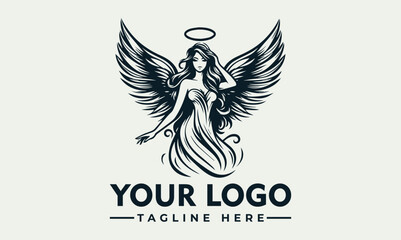 Angel with wings vector logo, flowing gown, long hair An angelic figure with dark wings, a billowing dress, and flowing hair. Perfect for fantasy, spiritual, or etherealthemed designs