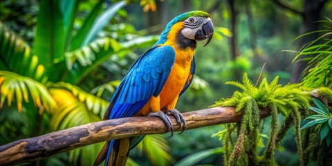 Vibrant blue and yellow macaw bird perches on a tree branch, showcasing its brightly colored plumage, strong beak, and intense gaze in a lush rainforest setting.