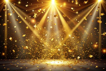 Vibrant golden confetti rains down on a glamorous stage, bathed in a warm central light beam, perfect for luxurious event backdrops and celebratory announcements.
